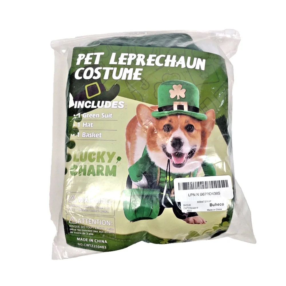 Leprechaun Dog Costume, 3 PCS Medium St Patrick’s Day Outfit w Hat & Gold Pot
